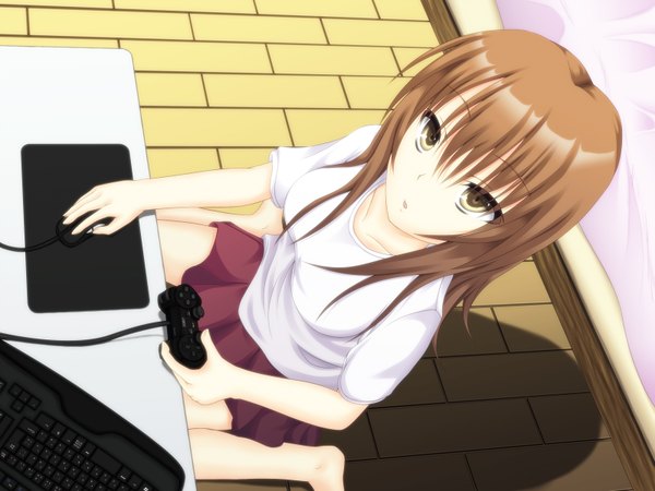 Anime picture 1600x1200 with tagme (copyright) shake (ferit3) long hair brown hair yellow eyes girl computer keyboard computer mouse playstation