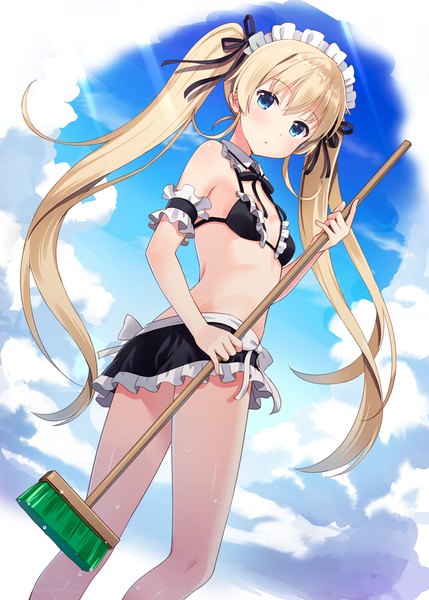 Anime picture 800x1119 with original hyuuga azuri single long hair tall image looking at viewer blush blue eyes light erotic blonde hair twintails sky cloud (clouds) looking back :o from below maid wet turning head girl