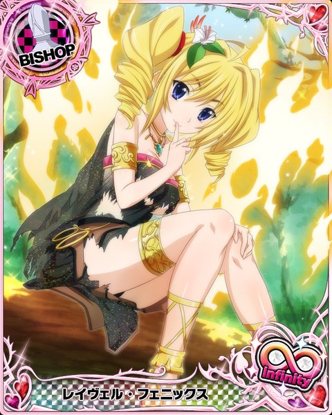 Anime picture 640x800 with highschool dxd ravel phenex single tall image blue eyes light erotic blonde hair sitting twintails hair flower torn clothes drill hair card (medium) girl dress hair ornament flower (flowers) wings fire