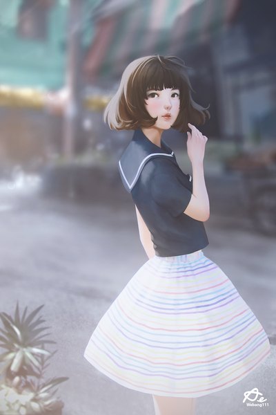 Anime picture 667x1000 with original webang111 single tall image looking at viewer blush fringe short hair brown hair standing brown eyes signed ahoge outdoors blunt bangs looking back lips blurry realistic watermark