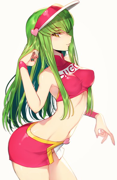 Anime picture 600x920 with code geass future gpx cyber formula sunrise (studio) c.c. sugou asuka creayus single long hair tall image looking at viewer fringe breasts light erotic simple background smile hair between eyes white background bare shoulders yellow eyes green hair