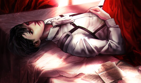Anime picture 1200x712 with shingeki no kyojin production i.g levi (rivaille) o! (artist) single looking at viewer short hair black hair wide image lying black eyes sunlight realistic boy uniform bed paper ascot blanket