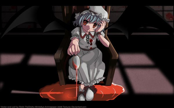 Anime picture 1920x1200 with touhou remilia scarlet filo05 single looking at viewer fringe highres short hair red eyes wide image sitting holding signed blue hair indoors arm up light smile from above inscription shadow