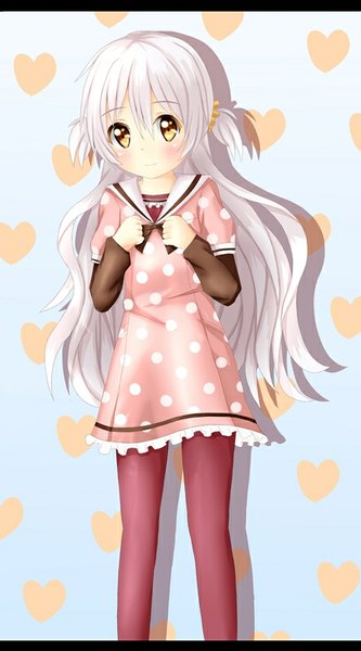 Anime picture 444x800 with mahou shoujo madoka magica shaft (studio) momoe nagisa tear yu single long hair tall image looking at viewer blush fringe simple background standing yellow eyes silver hair girl dress pantyhose heart