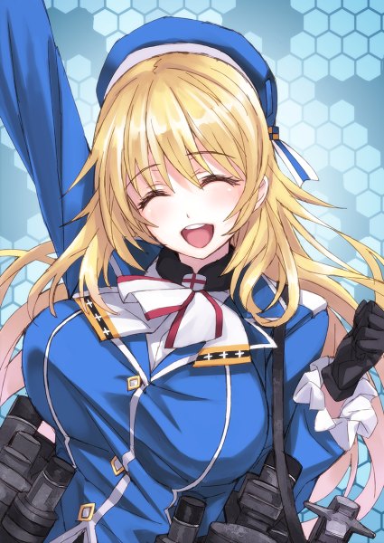 Anime picture 850x1200 with kantai collection atago heavy cruiser matsuryuu single long hair tall image blush breasts open mouth blonde hair smile large breasts eyes closed arm up happy girl gloves uniform black gloves beret