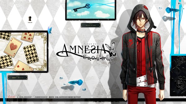 Anime picture 1920x1080 with amnesia idea factory shin (amnesia) single looking at viewer highres short hair red eyes brown hair wide image sky cloud (clouds) open clothes open jacket official art copyright name boy animal jacket belt