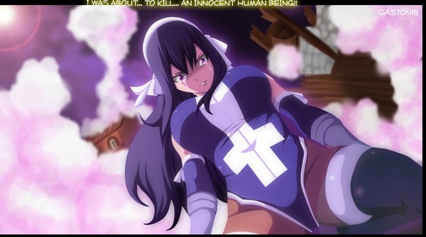 Anime picture 3175x1772 with fairy tail ultear milkovich tongasart single long hair highres light erotic black hair wide image pink eyes sunlight inscription from below tears coloring smoke framed girl