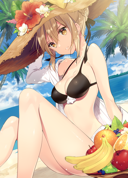 Anime picture 896x1240 with fate (series) fate/grand order artoria pendragon (all) mysterious heroine x (alter) (fate) necomi (gussan) single tall image fringe light erotic blonde hair hair between eyes sitting bare shoulders yellow eyes sky cloud (clouds) braid (braids) beach girl flower (flowers)
