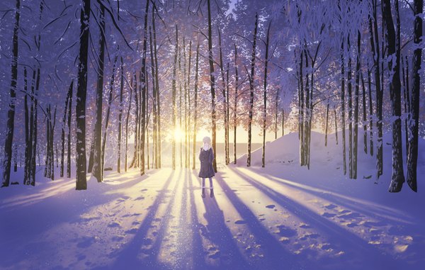 Anime picture 1300x827 with original doora (dora0913) single long hair looking at viewer blonde hair standing full body sunlight shadow evening sunset winter snow scenic hands in pockets girl plant (plants) hat tree (trees)