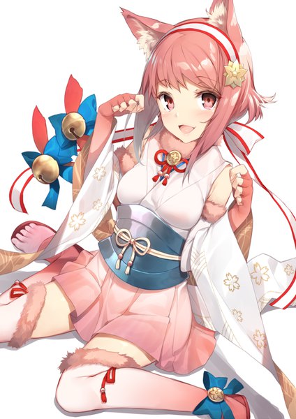 Anime picture 566x800 with fire emblem fire emblem heroes fire emblem fates nintendo sakura (fire emblem if) yappen single tall image looking at viewer blush short hair open mouth simple background white background sitting animal ears payot pink hair tail traditional clothes