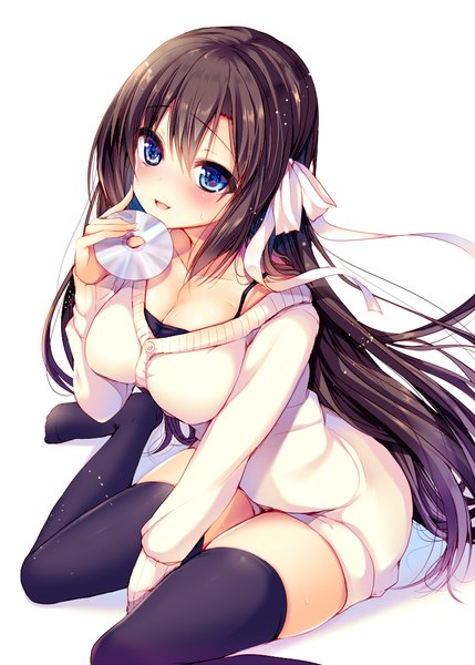 Anime picture 832x1164 with original ayuma sayori single long hair tall image looking at viewer blush fringe breasts open mouth blue eyes light erotic black hair simple background smile large breasts white background sitting bent knee (knees) no shoes