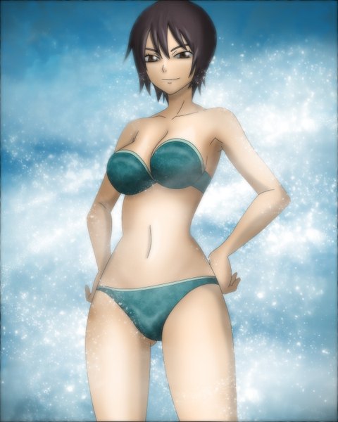 Anime picture 1200x1500 with fairy tail ur gray fullbuster (artist) single tall image short hair black hair brown eyes light smile coloring snowing girl swimsuit bikini