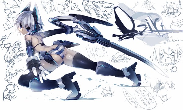 Anime picture 1500x909 with original mamuru single short hair blue eyes light erotic simple background wide image white background bare shoulders looking back grey hair sketch girl thighhighs gloves underwear panties weapon black thighhighs