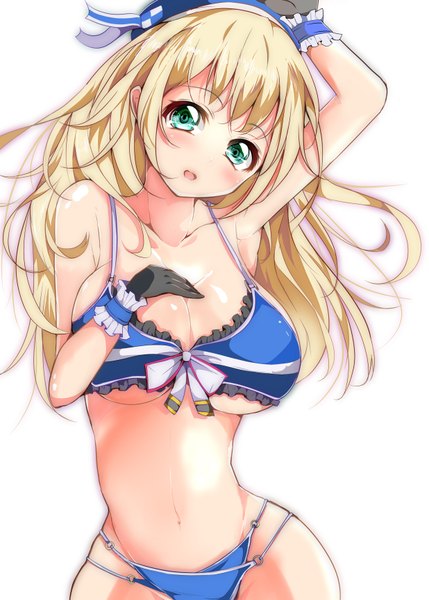 Anime picture 2472x3460 with kantai collection atago heavy cruiser velia (artist) single long hair tall image looking at viewer blush highres breasts open mouth light erotic simple background blonde hair smile large breasts white background bare shoulders green eyes cleavage