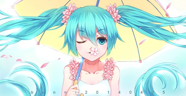 Anime picture 1500x777 with vocaloid hatsune miku benni single looking at viewer wide image twintails very long hair one eye closed hair flower aqua eyes wink aqua hair flower in mouth girl dress hair ornament flower (flowers) petals umbrella