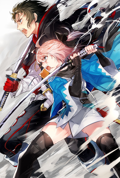 Anime picture 807x1200 with fate (series) fate/grand order koha-ace studio deen okita souji (fate) (all) okita souji (koha-ace) hijikata toshizou (fate/grand order) mika pikazo tall image fringe short hair open mouth light erotic black hair hair between eyes holding brown eyes pink hair ahoge ponytail