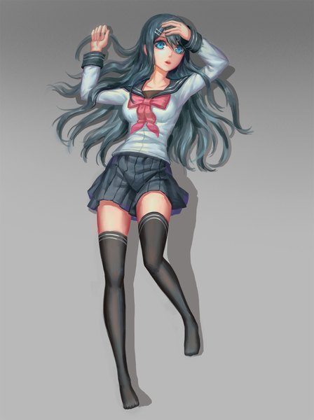 Anime picture 1256x1680 with dangan ronpa maizono sayaka redname single long hair tall image looking at viewer open mouth blue eyes simple background blue hair full body lying pleated skirt from above grey background shadow on back hand on head girl