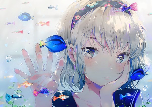 Anime picture 1000x707 with original dangmill single looking at viewer blush fringe short hair hair between eyes silver hair upper body floral print face silver eyes hand on face against glass girl uniform animal water serafuku
