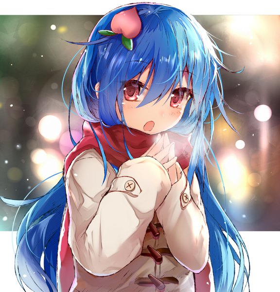 Anime picture 1000x1040 with touhou hinanawi tenshi efe single long hair tall image blush fringe open mouth hair between eyes red eyes blue hair looking away :o lens flare wavy hair hands clasped cold girl scarf