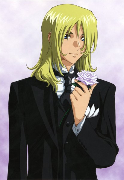 Anime picture 1655x2397 with mobile suit gundam gundam seed destiny sunrise (studio) rey za burrel tall image fringe simple background blonde hair light smile hair over one eye boy flower (flowers) necktie rose (roses) suit white rose