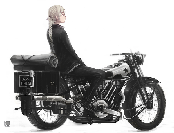 Anime picture 1010x771 with original carv single long hair simple background white background sitting white hair braid (braids) smoking girl cigarette motorcycle