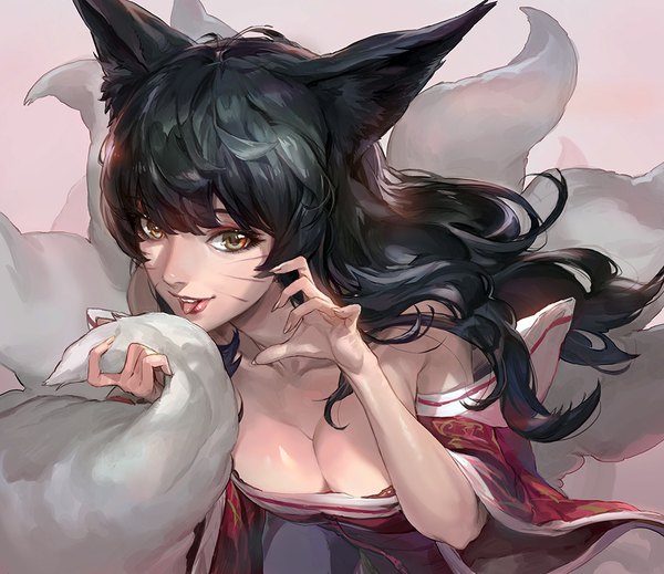 Anime picture 1000x866 with league of legends ahri (league of legends) modare single long hair fringe breasts light erotic black hair brown eyes animal ears cleavage tail animal tail fingernails fox ears facial mark fox tail fox girl long fingernails