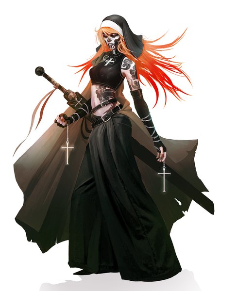 Anime picture 1500x1844 with wild wild vampires sister abygael eyardt single long hair tall image looking at viewer standing full body traditional clothes japanese clothes orange hair tattoo turning head face paint nun girl gloves weapon sword