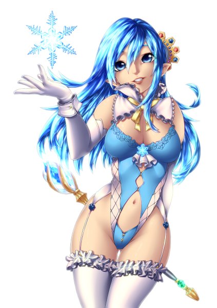 Anime picture 875x1241 with original yin-ting tian single long hair tall image breasts blue eyes light erotic simple background white background blue hair pointy ears girl thighhighs gloves navel white thighhighs elbow gloves frills staff
