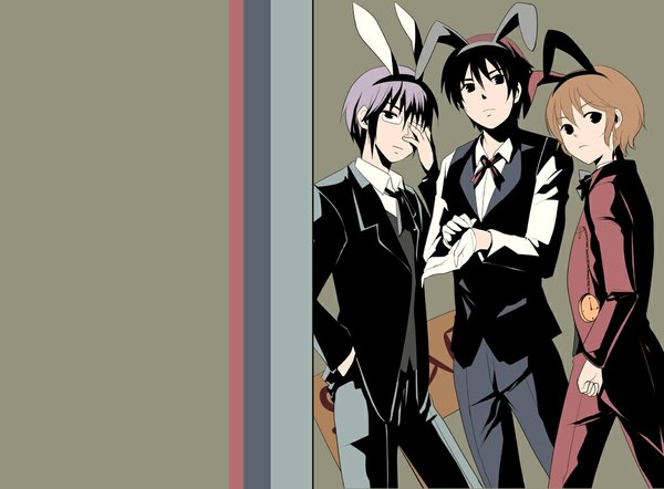 Anime picture 1050x775 with suzumiya haruhi no yuutsu kyoto animation suzumiya haruki asahina mitsuru nagato yukihiro looking at viewer short hair black hair brown hair standing brown eyes grey hair black eyes from behind orange hair multiple boys bunny ears monochrome hand in pocket bunny boy