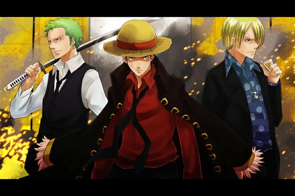 Anime picture 1024x683 with one piece one piece: strong world toei animation monkey d. luffy roronoa zoro sanji kanameyura fringe short hair blue eyes black hair brown eyes green hair hair over one eye scar clothes on shoulders boy uniform weapon hat