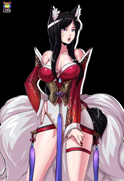 Anime picture 1366x1993 with league of legends ahri (league of legends) kyoffie12 single long hair tall image looking at viewer fringe breasts open mouth blue eyes light erotic black hair simple background standing bare shoulders animal ears cleavage tail nail polish