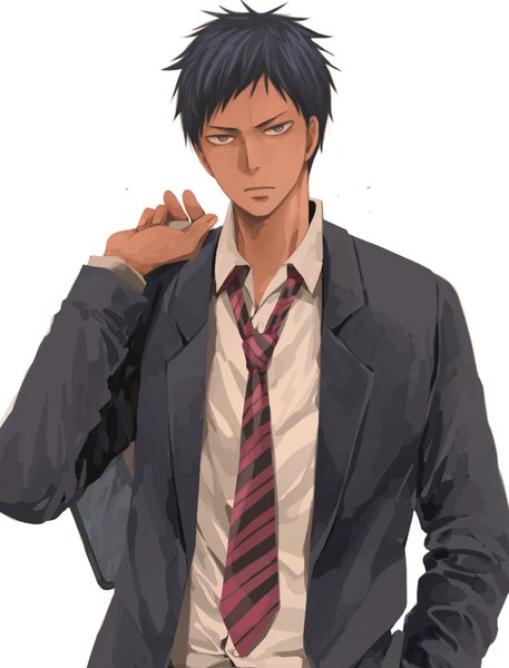Anime picture 800x1050 with kuroko no basket production i.g aomine daiki kuehsy single tall image looking at viewer fringe short hair blue eyes black hair white background arm up dark skin open collar hand in pocket serious boy uniform school uniform
