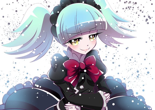 Anime picture 1553x1110 with precure kirakira precure a la mode toei animation biburi (precure) aiwa muteki single long hair looking at viewer blush fringe smile twintails yellow eyes blunt bangs aqua hair puffy sleeves lolita fashion goth-loli girl dress