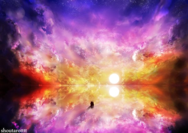 Anime picture 2000x1414 with original shoutarotttt highres cloud (clouds) reflection horizon landscape star (stars) sun