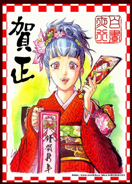 Anime picture 735x1024 with loiza single tall image looking at viewer blush short hair smile red eyes blue hair traditional clothes japanese clothes hair flower girl hair ornament flower (flowers)