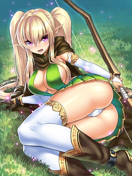 Anime picture 960x1280 with original yapo (croquis side) single long hair tall image blush breasts open mouth light erotic blonde hair large breasts purple eyes twintails cleavage ass pointy ears sweat sweatdrop elf girl