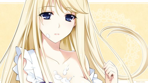 Anime picture 1500x844 with lovely x cation 2 hibiki works yoshinoya seine iizuki tasuku single long hair looking at viewer breasts blue eyes light erotic blonde hair wide image bare shoulders game cg girl cream