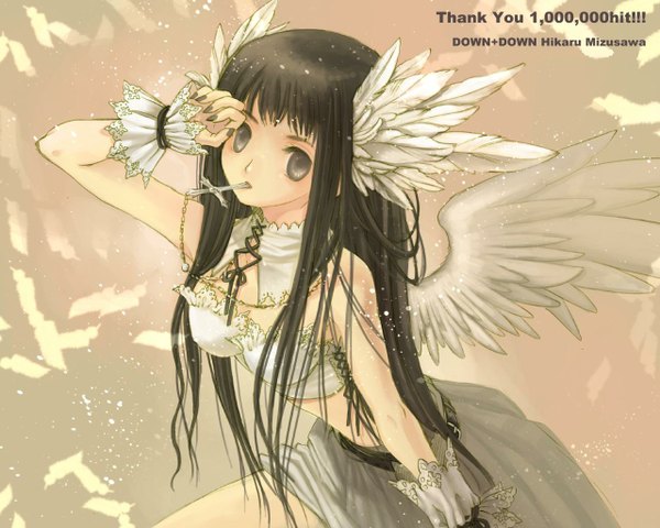 Anime picture 1280x1024 with mizusawa hikaru long hair bare shoulders wings feather (feathers)