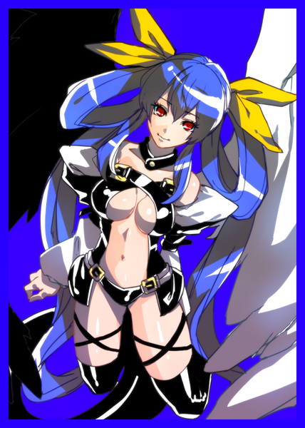 Anime picture 600x840 with guilty gear dizzy (guilty gear) pizaya single long hair tall image looking at viewer fringe breasts light erotic smile hair between eyes red eyes blue hair from above border hair rings girl navel wings