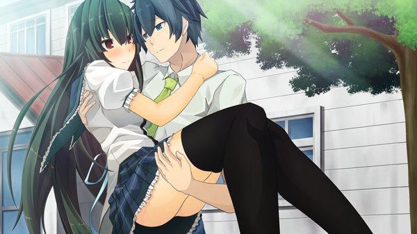 Anime picture 1280x720 with natsuiro asagao residence long hair blush short hair blue eyes black hair red eyes wide image game cg zettai ryouiki couple girl thighhighs boy skirt uniform black thighhighs school uniform miniskirt