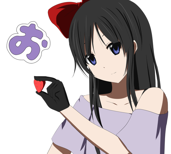 Anime picture 1000x900 with k-on! kyoto animation akiyama mio igashiko (artist) single long hair blue eyes black hair white background bare shoulders light smile listen!! girl gloves hair ornament shirt food fruit berry (berries) strawberry