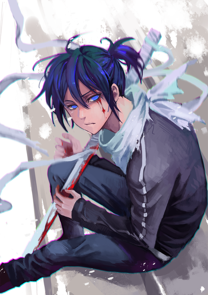 Anime picture 750x1060 with noragami studio bones yato (noragami) qinshou single tall image looking at viewer fringe short hair blue eyes sitting blue hair ponytail from above bloody weapon boy weapon sword katana blood