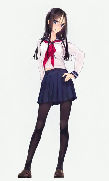 Anime picture 900x1500 with original murakami suigun single long hair tall image looking at viewer blush fringe blue eyes black hair simple background hair between eyes standing full body long sleeves parted lips pleated skirt light smile grey background hand on hip