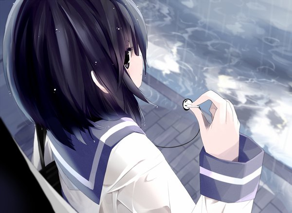 Anime picture 1500x1095 with original mizushirazu short hair black hair from behind black eyes rain girl water serafuku headphones sailor suit wire (wires)