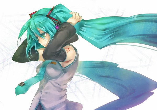 Anime picture 1130x800 with vocaloid hatsune miku twintails green eyes looking away very long hair profile aqua hair armpit (armpits) tattoo sideboob skin tight hands on head girl detached sleeves necktie headphones vest komeo