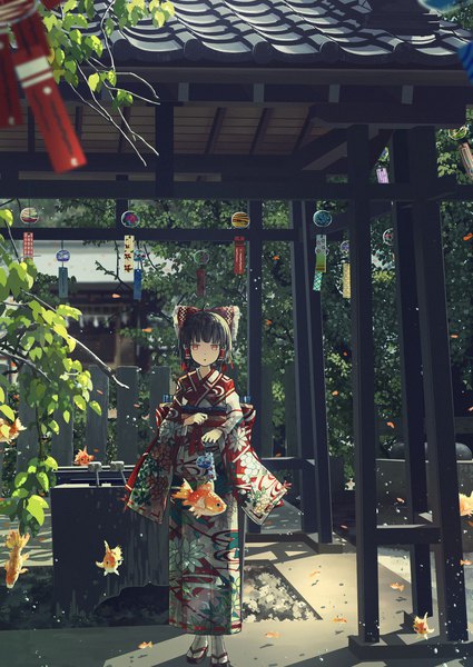 Anime picture 1451x2048 with touhou hakurei reimu koyuki ekaki single tall image looking at viewer blush fringe short hair black hair red eyes standing full body ahoge outdoors blunt bangs traditional clothes japanese clothes sunlight wide sleeves