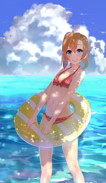 Anime picture 638x1100 with love live! school idol project sunrise (studio) love live! kousaka honoka marshall (wahooo) single tall image looking at viewer blush fringe short hair breasts blue eyes light erotic smile hair between eyes standing holding signed sky