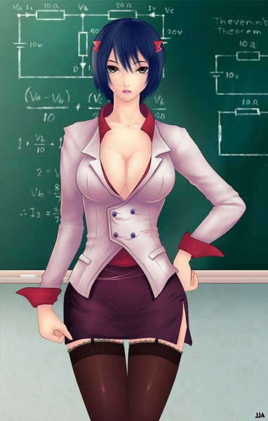 Anime picture 700x1100 with original khalitzburg single tall image looking at viewer short hair breasts light erotic large breasts blue hair cleavage black eyes teacher girl thighhighs skirt black thighhighs garter straps