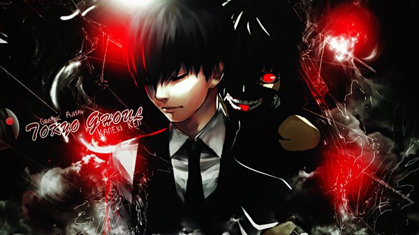 Anime picture 1920x1080 with tokyo ghoul studio pierrot kaneki ken shiromi (ringo) xxajisaixx fringe highres short hair black hair red eyes wide image bare shoulders eyes closed wallpaper copyright name character names turning head dark background dual persona boy