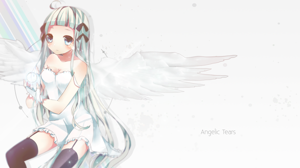 Anime picture 1920x1080 with original shiino sera (gelatin) single looking at viewer highres blue eyes simple background wide image white background bare shoulders silver hair very long hair girl thighhighs dress bow black thighhighs hair bow wings sundress